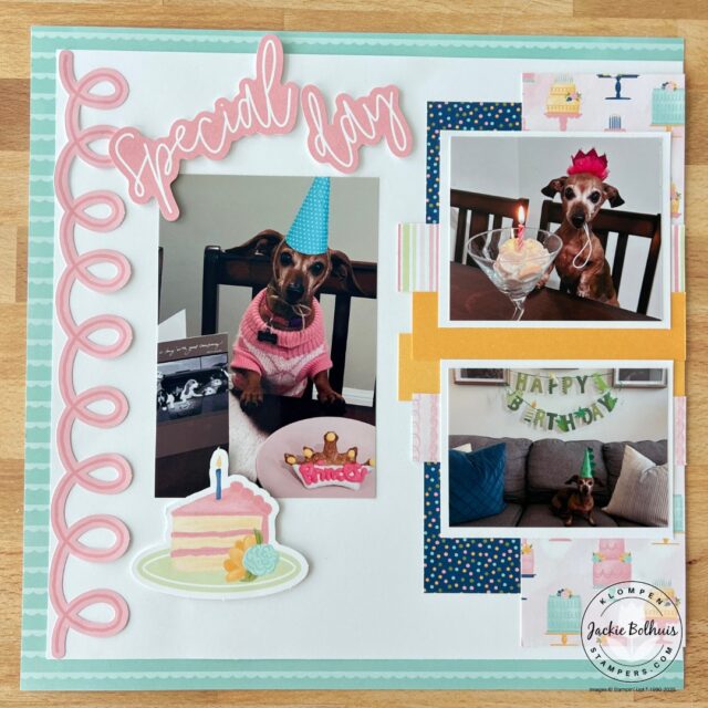 A page from the Stampin' Up! Wildflower Celebrations scrapbooking kit. Page has three dog photos celebrating a birthday.