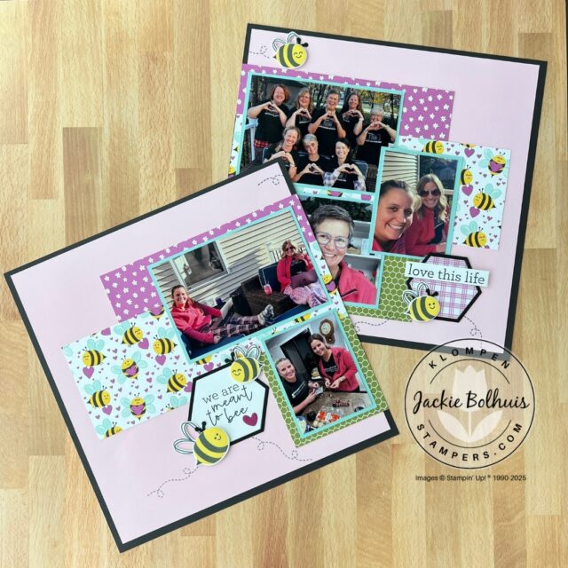 A scrapbook layout designed by following scrapbooking sketches. This layout is designed with pink papers and bumblebee characters.
