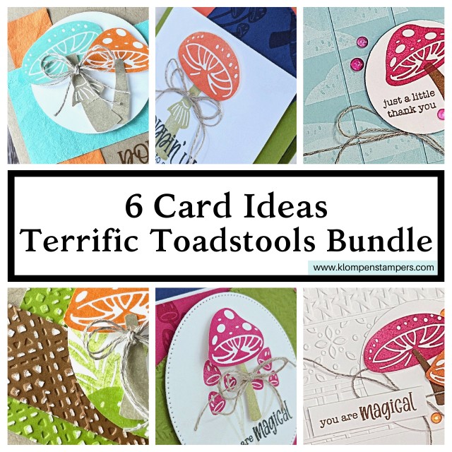 Creativity Made Simple Volume 6 card ideas designed with the Terrific Toadstools Bundle. Image has a close up of the 6. different card ideas to make.