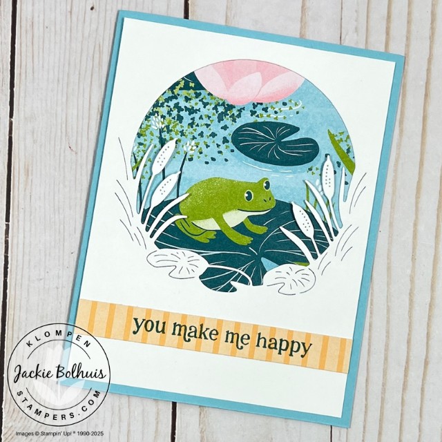 A handmade card for any occasion with a frog as the focal image. Card is designed with the Stampin' Up! Lily Pond Designer Series Paper.