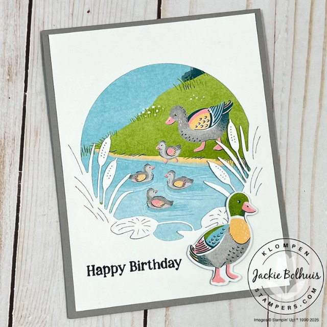 Handmade birthday card with cut duck images. Card is designed with the Stampin' Up! Lily Pond Designer Series Paper.