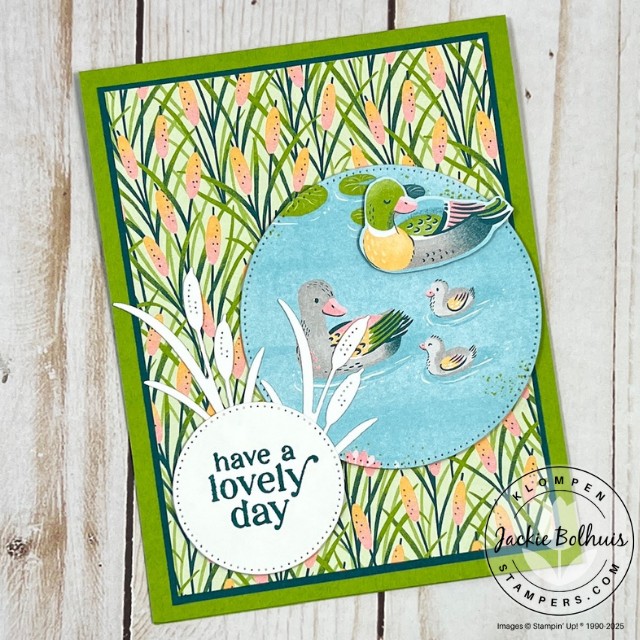 Handmade card for any occasion with a wetland theme. Card is designed with the Stampin' Up! Lily Pond Designer Series Paper.