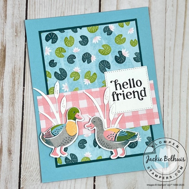 A handmade card to send. toa friend just because. Card has lily pad patterned paper for the background and two die cut ducks. Card is designed with the Stampin' Up! Lily Pond Designer Series Paper.