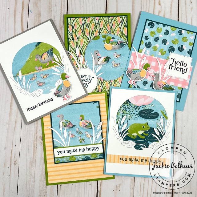 Five handmade cards for a quick and easy card making project focused on creating simple cards with patterned paper. These cards are all designed with the Stampin' Up! Lily Pond Designer Series Paper and have ducks, frogs, and lily pad images.