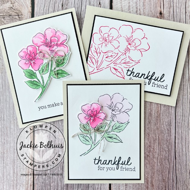 Three handmade cards designed with the Stampin' Up! stamp set Thankful Garden. Each card has a large floral image in pink.