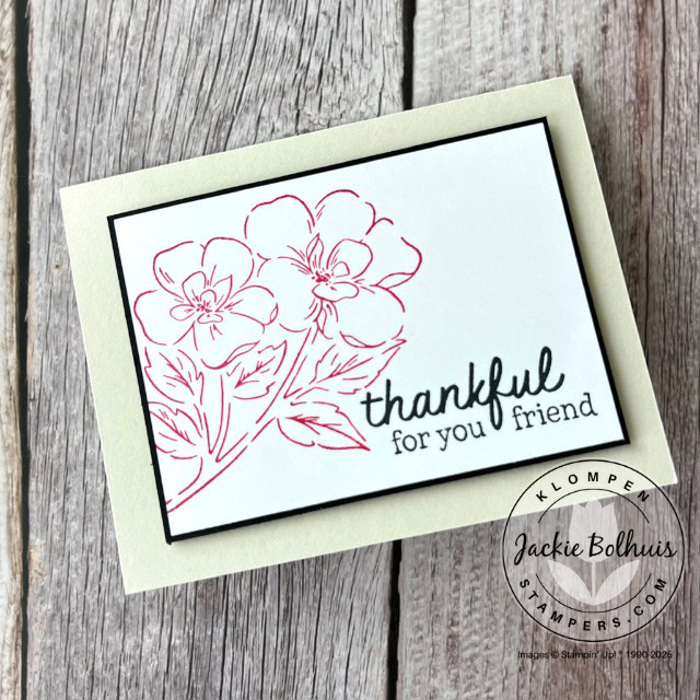 A simple stamp with a SIP card. Card has a stamped pink flower with a thankful sentiment.