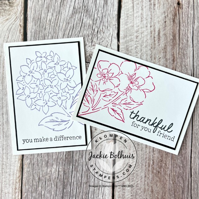 Two handmade cards for a project for quick and easy card ideas. Cards are simply designed with a stamped image and sentiment on a white cardstock layer that is layered on black on a white note card.