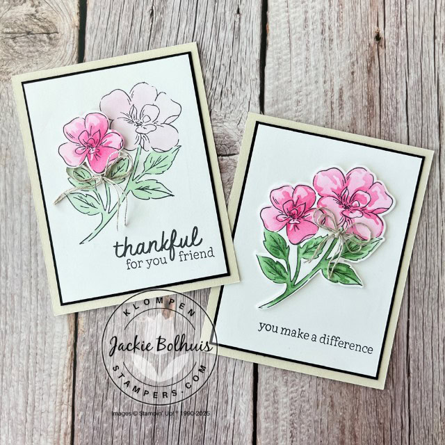 Two handmade cards with a large flower image and stamped sentiment.