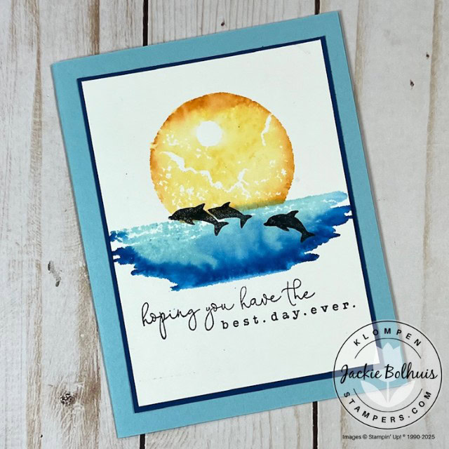 Handmade card for any occasion. Card has a sunset with a dolphins. To make this card, ink your stamp in two colors and use a water spritzer to blend the colors together for a watercolor look.