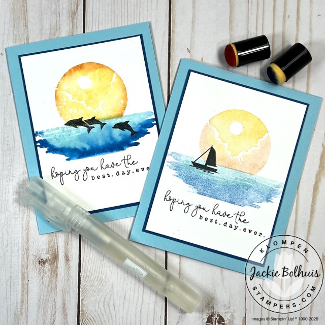 Two handmade cards designed with the Stampin' Up! stamp set Under the Moon. Cards are from a project to teach easy card techniques to step up your simple SIP cards.