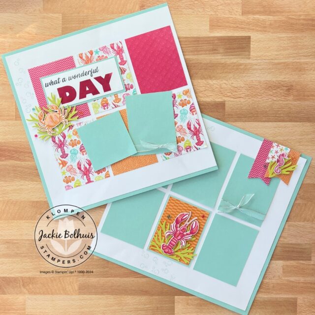 A scrapbook layout designed by following scrapbooking sketches. This layout is designed with Stampin' Up! Friends of the Ocean Designer Series Paper.