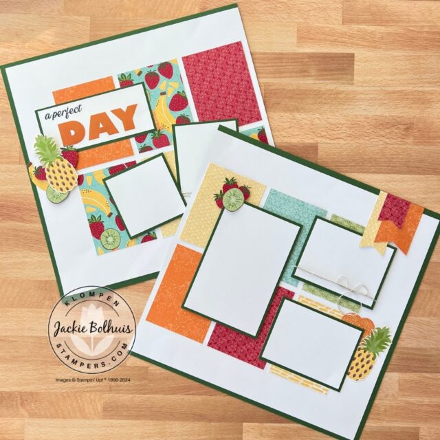A scrapbook layout designed by following scrapbooking sketches. This layout is designed with fruit papers and embellishments.