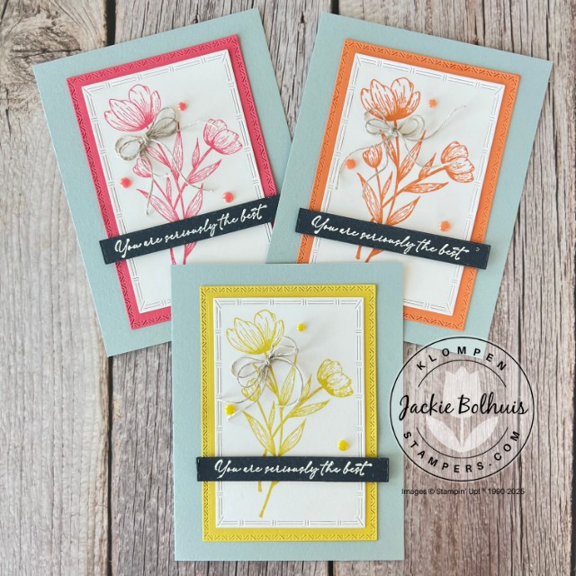 Three handmade cards to inspire creativity with the new Stampin' Up! 2025 - 2027 In Colors: Cloud Cover, Darling Duckling, Secret Sea, Strawberry Slush, and Timid Tiger.
