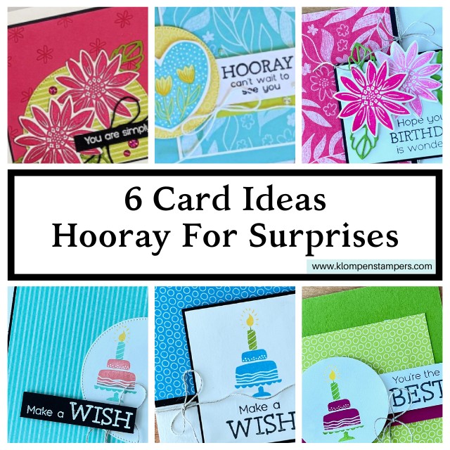 6 close up images of hand mades cards designed with the Hooray for Surprises bundle.