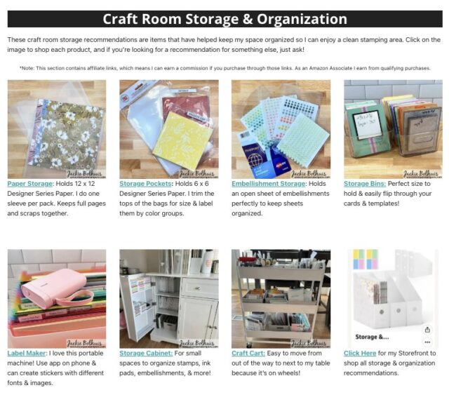 Screenshot of Jackie's favorite thing page highlighting favorite items for craft room storage and organization.