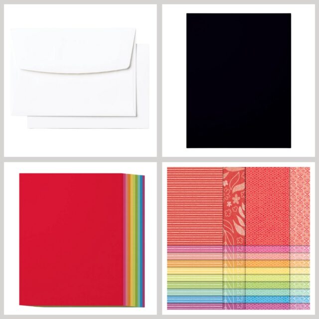 Note Cards & Envelopes, Basic Black cardstock, the Brights assortment pack of cardstock, and the Brights Designer Series Paper pack. All are Stampin' Up! products and recommend for card making for beginners.