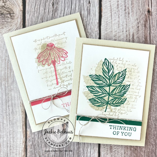 Two handmade cards featuring images from the Natural Botanicals stamp set—one with a pink coneflower and “Thanks” sentiment, the other with a green leaf and “Thinking of You” sentiment—layered over soft ink-blended backgrounds and vintage script, finished with twine bows for a natural, elegant look.
