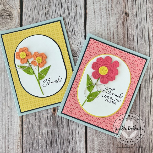 Two simple handmade cards with a floral image an a stamped sentiment. One card has 2 yellow flowers and the other has a pink flower.