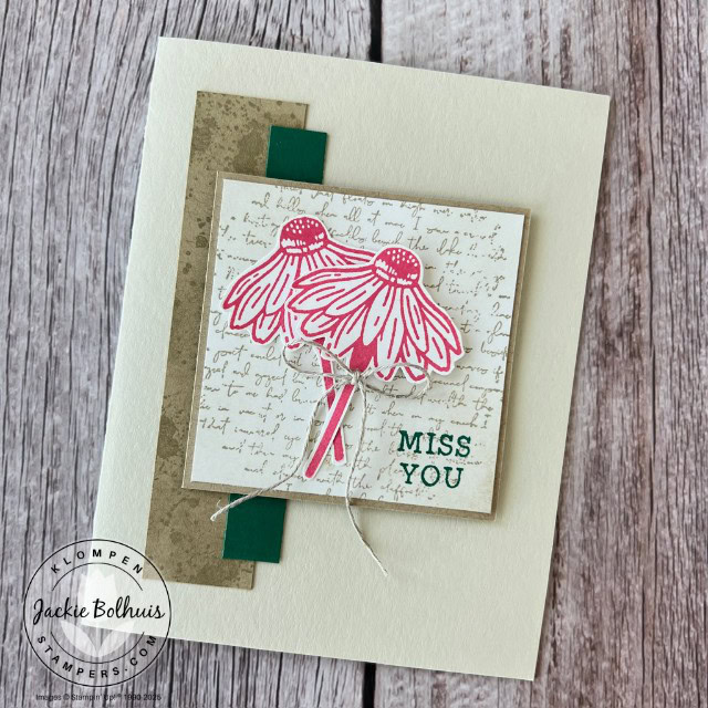 Handmade "Miss You" card featuring two stamped pink coneflowers from the Natural Botanicals stamp set, layered over script and textured background panels in neutral and green tones, using Template #6 from the 48 Card Making Templates book.