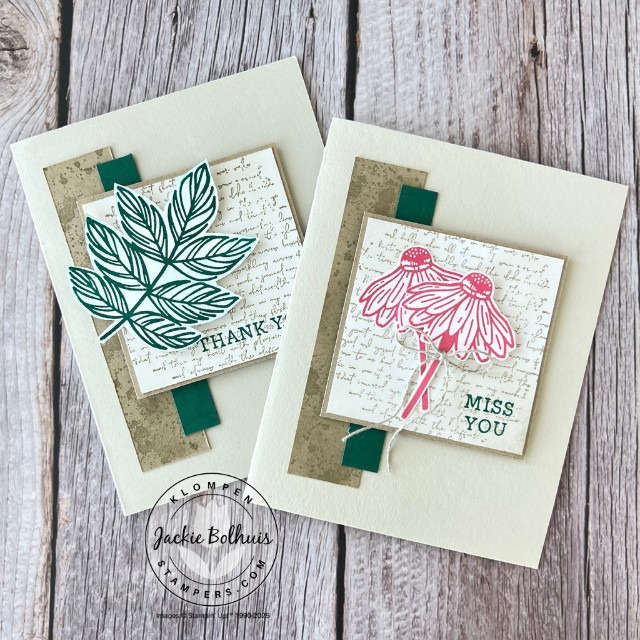 Two cards designed with Stampin' Up! Natural Botanicals, Elements of Text and Simply Said stamp sets using neutral colors for a masculine card idea. One card has a green leaf image and the other has a pink floral. 