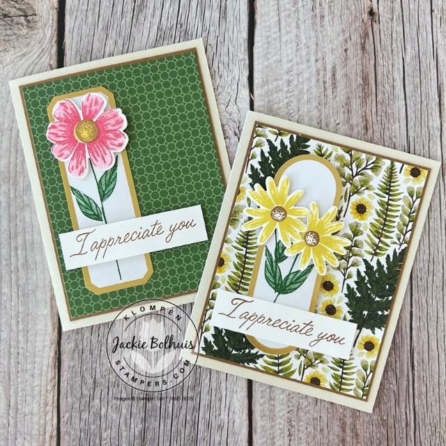Two handmade card ideas designed with the Stampin' Up! stamp set Impressions Abloom.  Each card is made with only stamps, ink and paper and include a simple floral image. 
