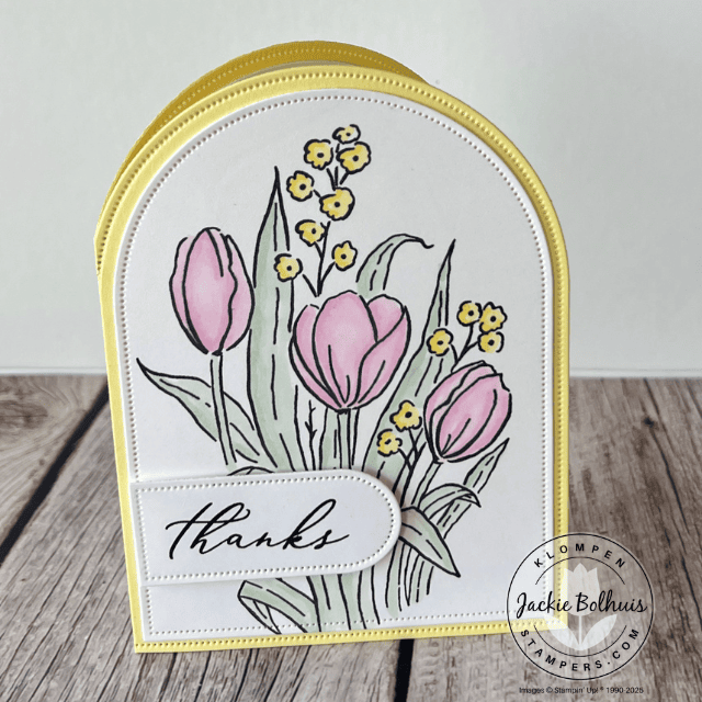 Vertical arch-shaped fun fold card made with Stampin' Up! Everyday Arches dies, showcasing a softly colored daisy from the Mixed Florals stamp set, colored with Stampin' Blends.