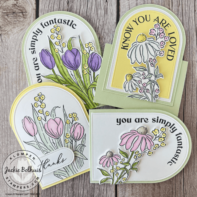 Four handmade fun fold cards created using the Stampin' Up! Everyday Arches and Mixed florals stamp sets and dies showcasing a variety of fold styles and decorative stamped arch designs.