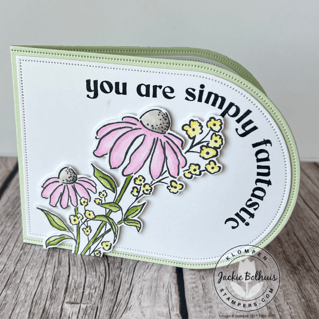 Horizontal arch-shaped fun fold card created with Stampin' Up! Everyday Arches dies, featuring a large daisy from the Mixed Florals stamp set, softly colored with Stampin' Blends