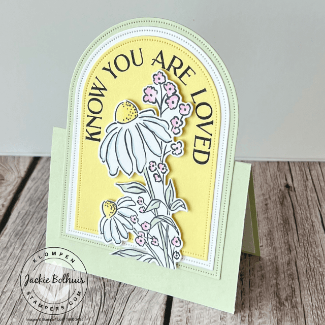 Fun fold card in the shape of an arch from the Stampin' Up! Everyday Arches dies. The main focal image is a large daisy from the Mixed Florals stamp set lightly colored in with Stampin' Blends.