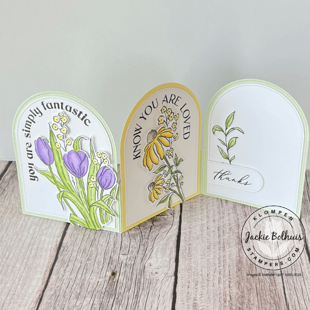 Three panel tri-fold card with each panel being an arch shape using the Stampin' Up! Everyday Arches dies for shape and stamp set for greetings. Each pannel also includes a floral image from the Mixed Florals stamp set.