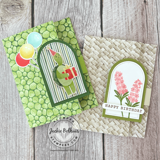 Two simple card ideas using a fun fold flap design. One card features the Stampin' Up! Pretty Florals Stamp Set with soft floral images and pastel colors, while the other showcases the Turtle-y Cute Designer Series Paper with playful turtles and bright, cheerful patterns.