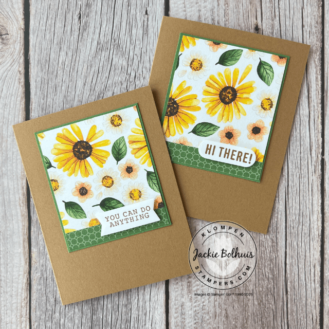 Two handmade cards that feature the Floral Impressions Designer Series Paper as the focal point, set on a vertical layout. Each card uses a hand stamped sentiment for any occasion.