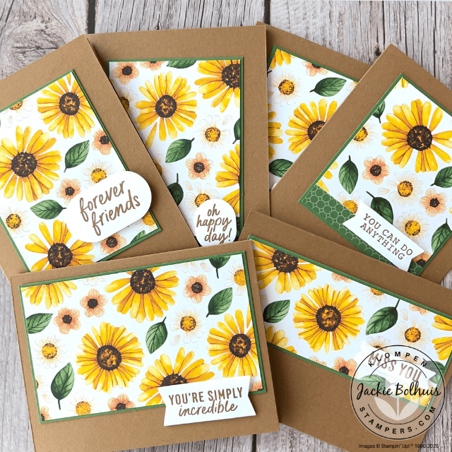 6 cards using a one sheet wonder template that are designed with Stampin' Up! Floral Impressions Designer Series Paper and More Messages stamp set.  Each card is a simple design with the DSP being the focal point and a simple greeting included.