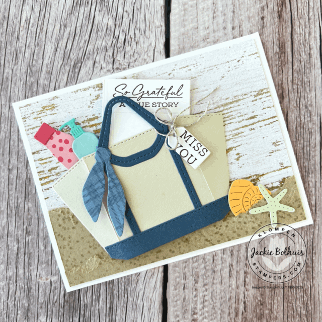 Card example that is not a part of the Bundle of the Month class but displays another amazing card idea with the Stampin' Up! Notes & Totes.  The designs include a fun and creative take on a tote bag theme, styled as if it’s ready for a sunny day at the beach.