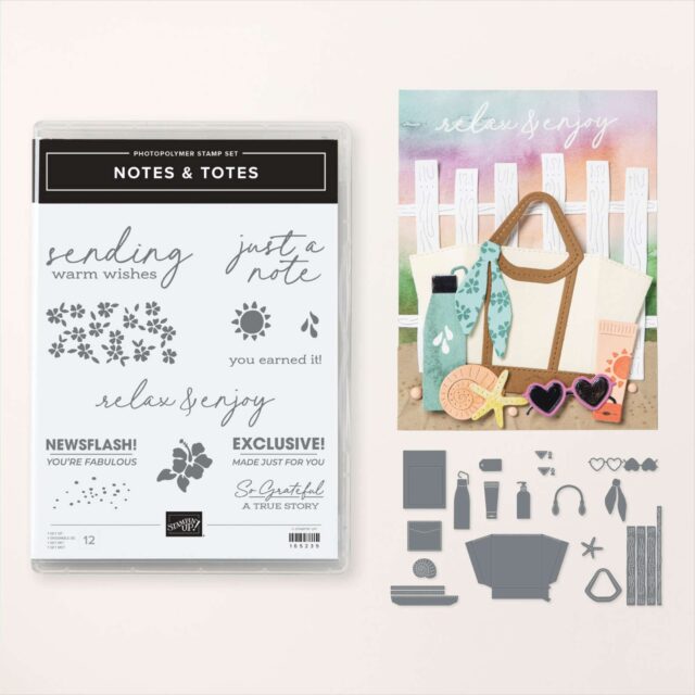 Graphic from Stampin' Up! displaying the Notes & Totes bundle stamp set and dies.