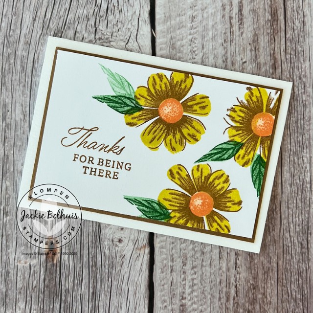 One handmade card for a project for quick and easy card ideas. Cards are simply designed with a stamped image and sentiment on a white cardstock layer that is layered on Pecan Pie on a white note card.