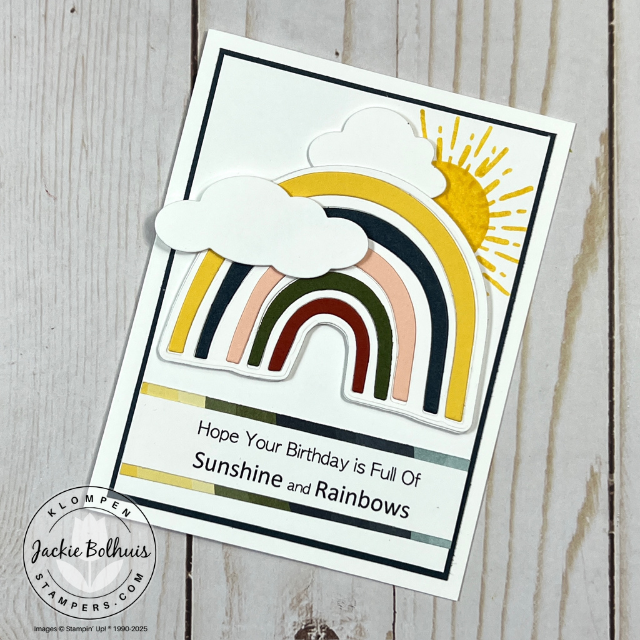 Handmade boho card featuring a die-cut rainbow in soft pastel tones and a custom printed sentiment that reads “Hope Your Birthday is full of sunshine and rainbows”

