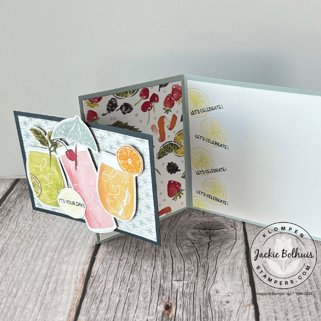 Easy fun fold “flip flap” card made with the Cheers & Sips stamp set and Celebratory Sips DSP, featuring layered patterned paper, stamped drink images, and playful folding design. Includes cutting diagram and supply list for easy crafting.