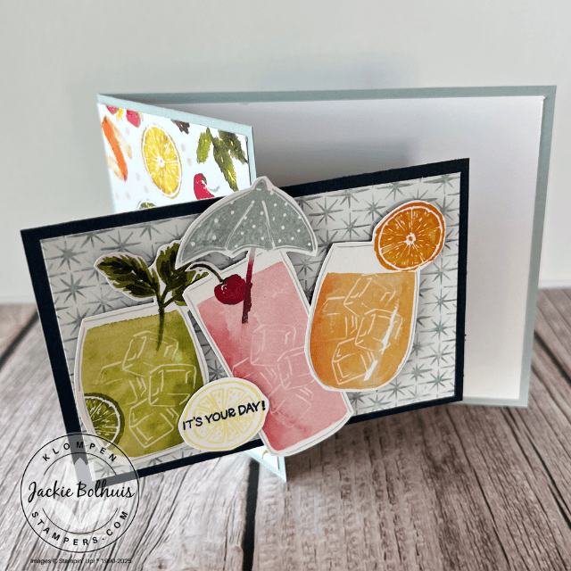 Easy fun fold card designed with Stampin' Up!s Cheers and Sips. The card is simple and only uses stamps, ink and paper.