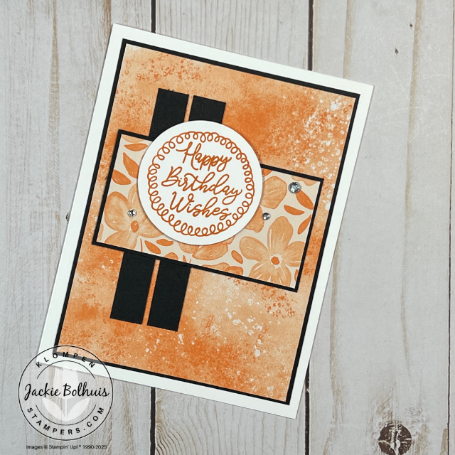 Handmade card featuring a stamped image from the Encircled With Love set, centered on a white 2-inch circle cutout against coordinating patterned paper.