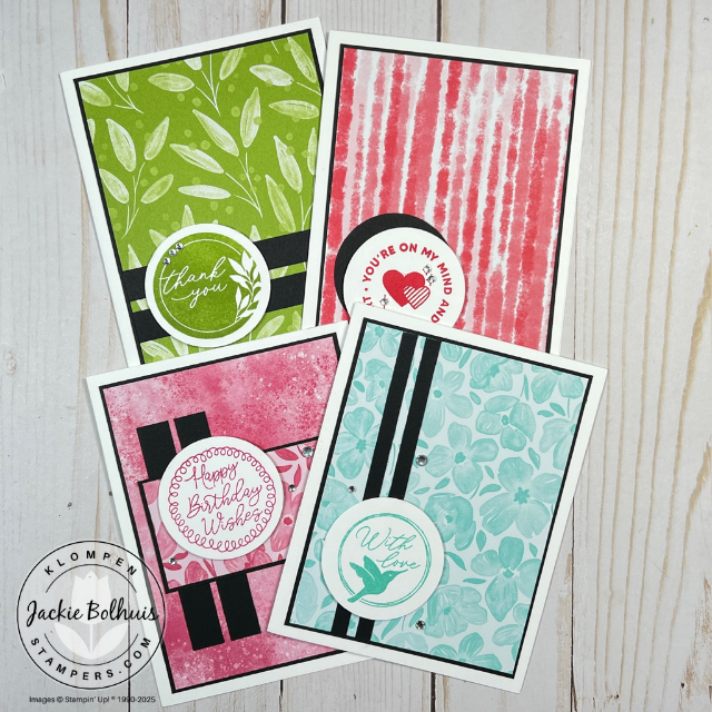 4 easy cards for beginners featuring a clean white circle punched focal point stamped with an image from Encircled With Love, framed by coordinating DSP layers.