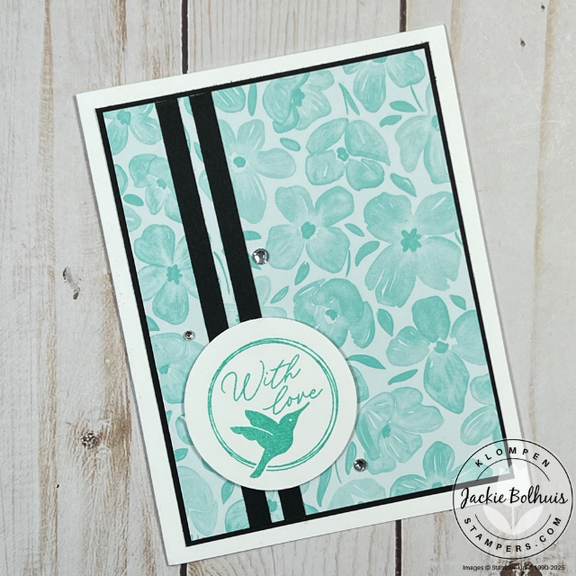 Close-up of a greeting card with a white 2-inch circle punch highlighting a stamped design from Stampin’ Up!’s Encircled With Love collection.