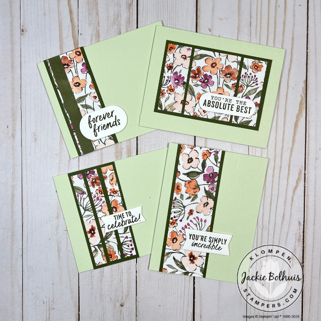 4 cards using a one sheet wonder pattern that are designed with Stampin' Up! Floral Charm Designer Series Paper and More Messages stamp set.  Each card is a simple design with the DSP being the focal point and a simple greeting included.