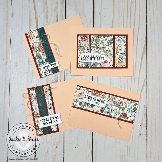 Four handmade cards showcase the beautiful Floral Charm Designer Series Paper as the centerpiece. Each card is finished with a hand-stamped sentiment and accented with added linen thread.