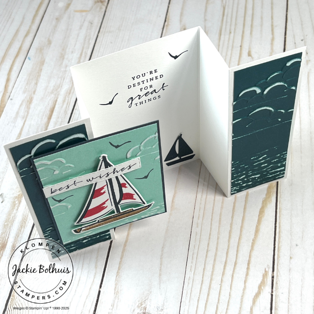 Handcrafted fun fold card using Stampin’ Up! Sunrise Sailing and sanded two-tone paper, highlighting a weathered texture effect and layered panels for a dynamic, ocean-inspired look.