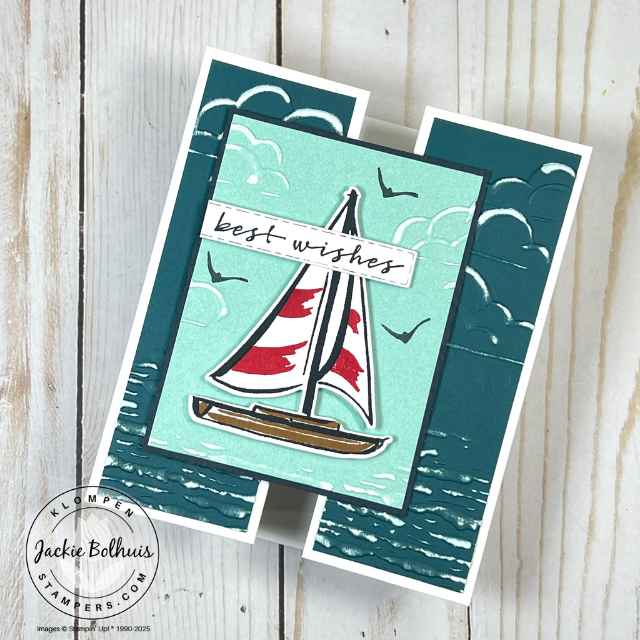 Handmade fun fold card created with Stampin’ Up! Sunrise Sailing stamp set, featuring sanded two-tone paper in soft blues and neutrals, layered over a unique fold design for added dimension and texture.