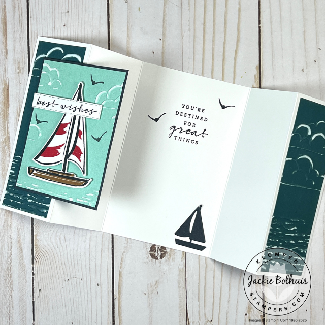 Fun fold card made with Stampin’ Up! Sunrise Sailing stamp set, featuring sanded two-tone cardstock in coastal colors, adding soft texture and dimension to the nautical-themed design.