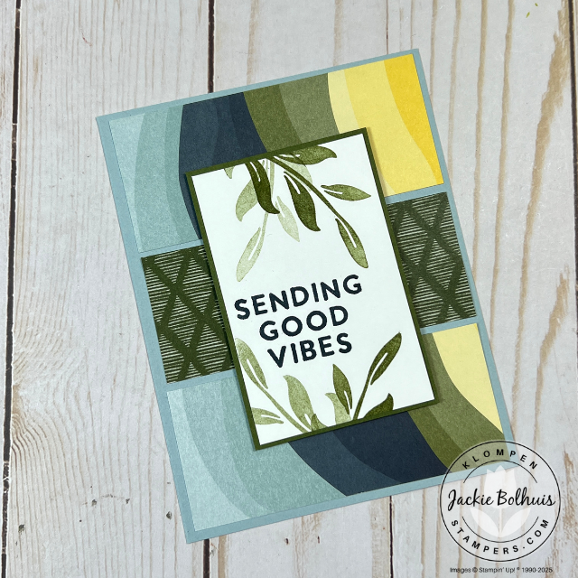 Handmade card featuring a large sentiment from the Stampin’ Up! Sunshine Vibes stamp set with layered designer series paper on a bright card base.