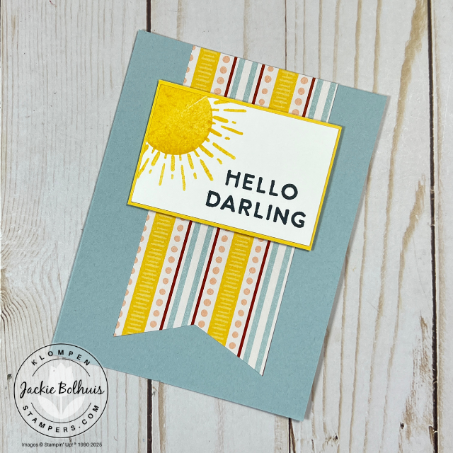 Sunshine Vibes card design showcasing bold stamped greeting and colorful patterned paper accents.