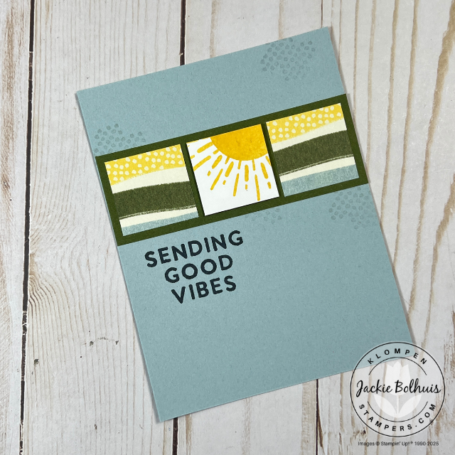Cheerful DIY greeting card made with Stampin’ Up! Sunshine Vibes bundle, highlighting layered DSP and a statement sentiment.